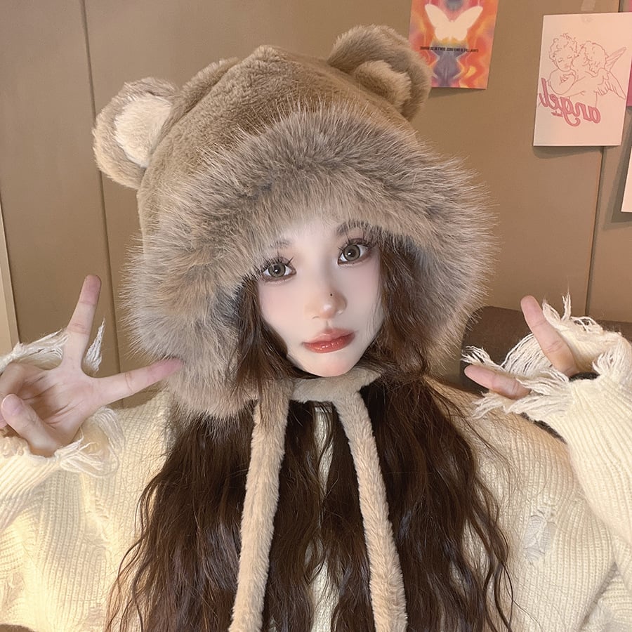 Winter Cream Lace Plush Hat for Girls