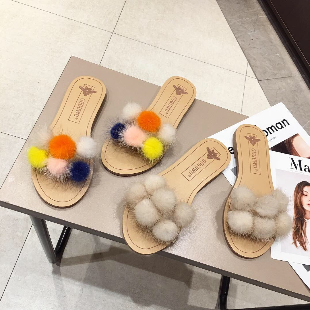Fringed Wool Ball Slippers