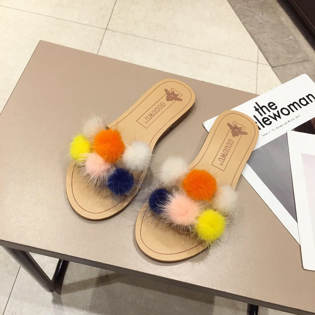 Fringed Wool Ball Slippers