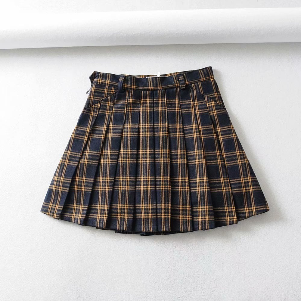 European American Women's Fashion Thick Plaid Pleated Skirt