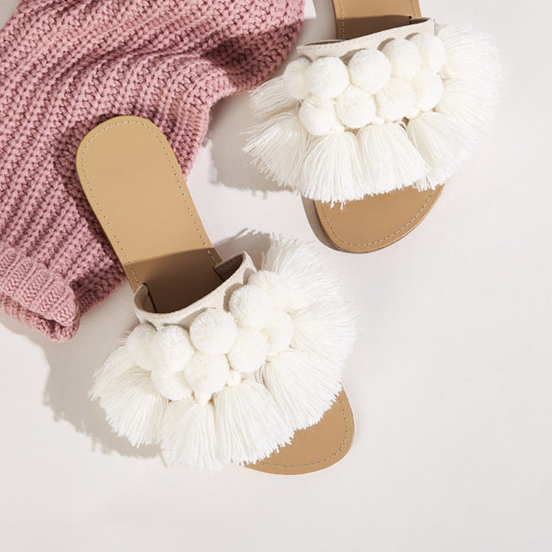 Fringed Wool Ball Slippers
