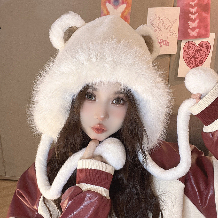 Winter Cream Lace Plush Hat for Girls