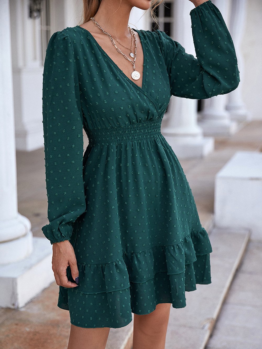 V-Neck Long Sleeve Ruffle A-Line Skirt Dress