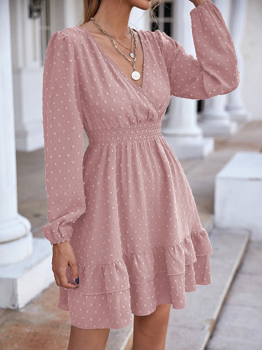 V-Neck Long Sleeve Ruffle A-Line Skirt Dress