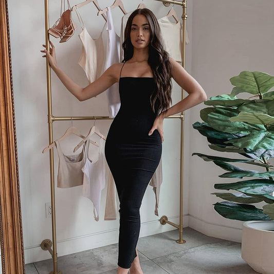 Sling Fashion Slim Fit Solid Color Dress with Slit