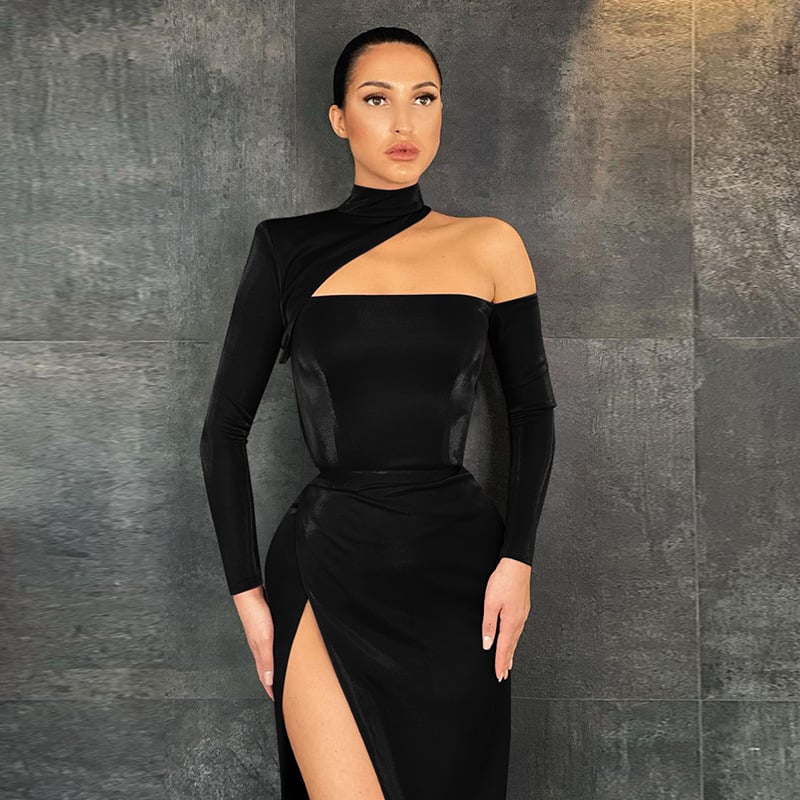 Padded One-Shoulder Long Dress with Back Slit